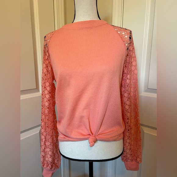Peach ribbed lace long sleeve top - Picture 1 of 4
